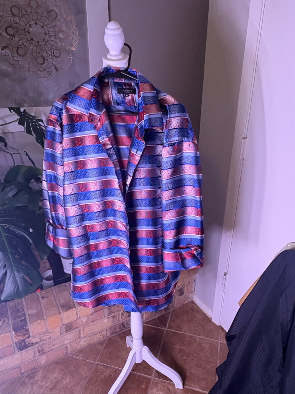Mens Striped Satin Dress Shirt - Blue & Pink